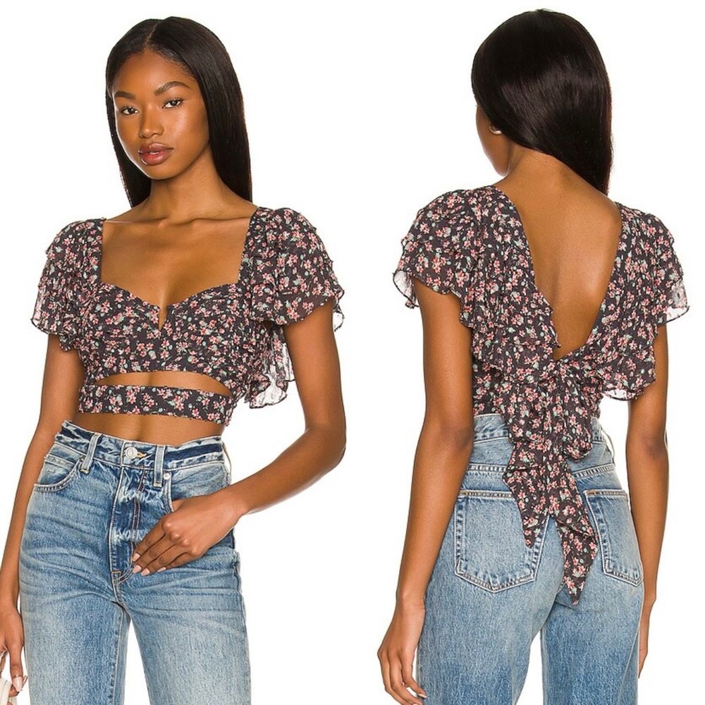 Lovers and Friends SMALL Sylviana Gray Floral Beaded Corset Cropped Top